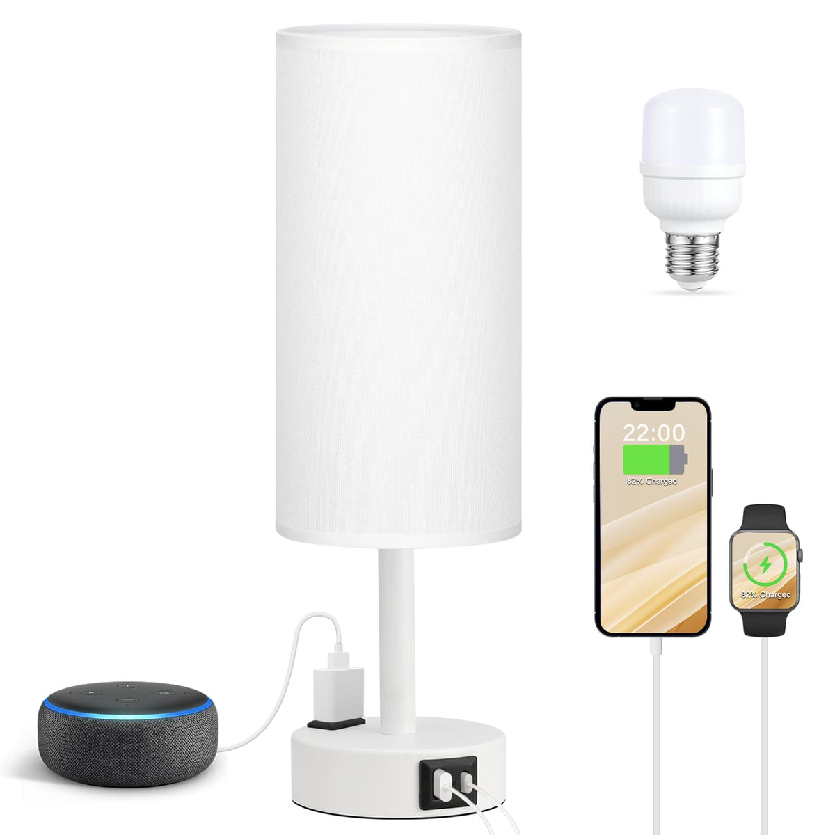 Fenmzee Bedside Table Lamp for Bedroom - Dimmable Touch, USB A+C, AC Outlet