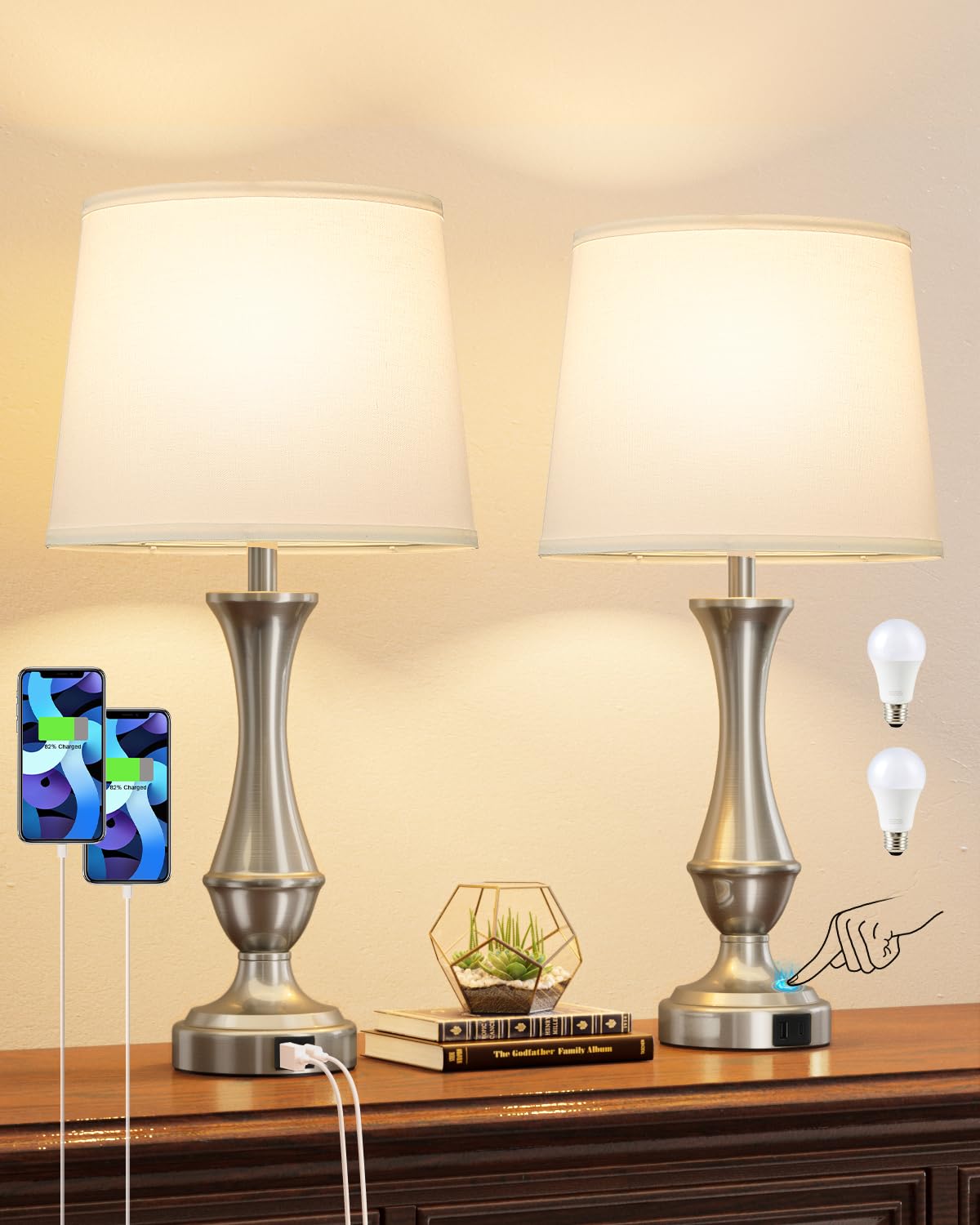 Touch Lamps for Nightstand, 3 Way Dimmable Lamps for Bedroom with USB C+A