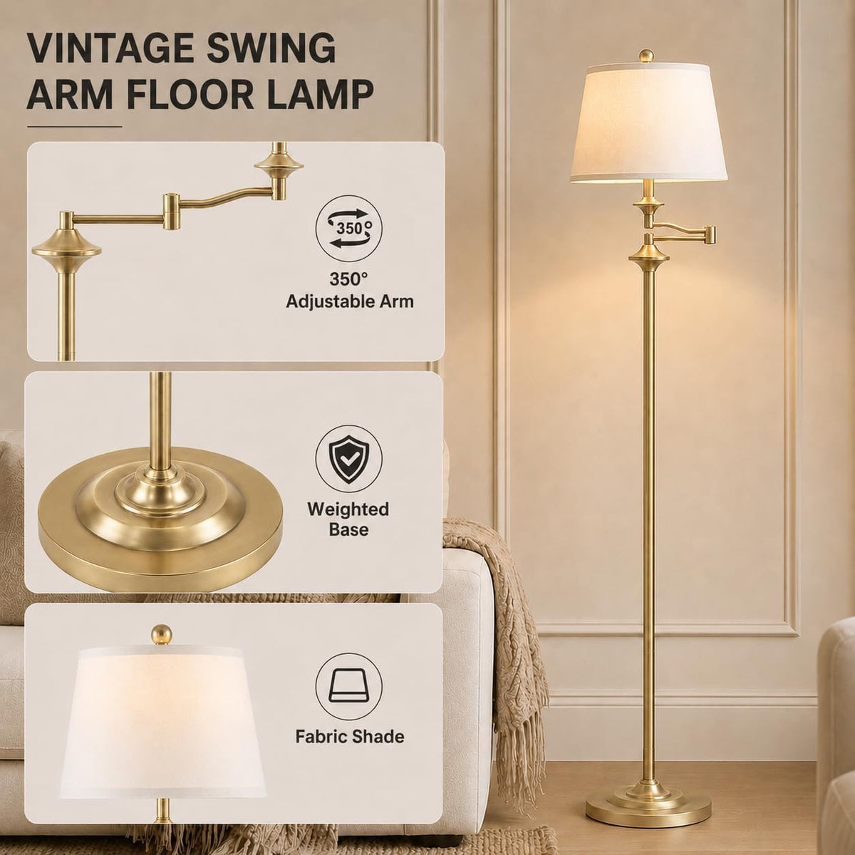 Wio-Mio Vintage Gold Floor Lamp, 350° Adjustable Swing Arm for Living Room