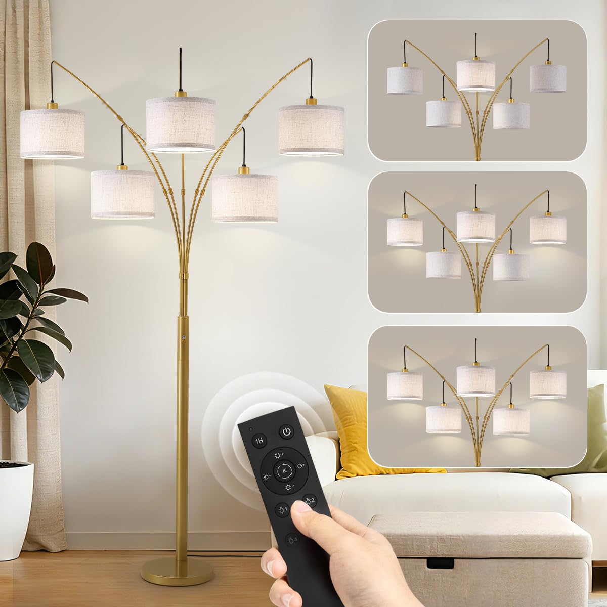 3 Light Arc Floor Lamp with Remote, Beige Shade Black Pole