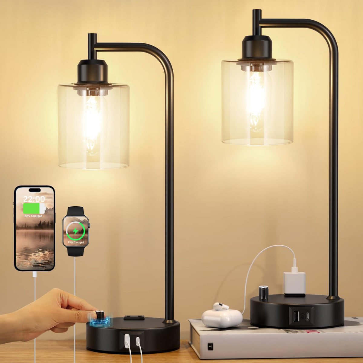 Industrial Bedside Lamps Set of 2, Fully Dimmable Desk Lamps for Bedroom