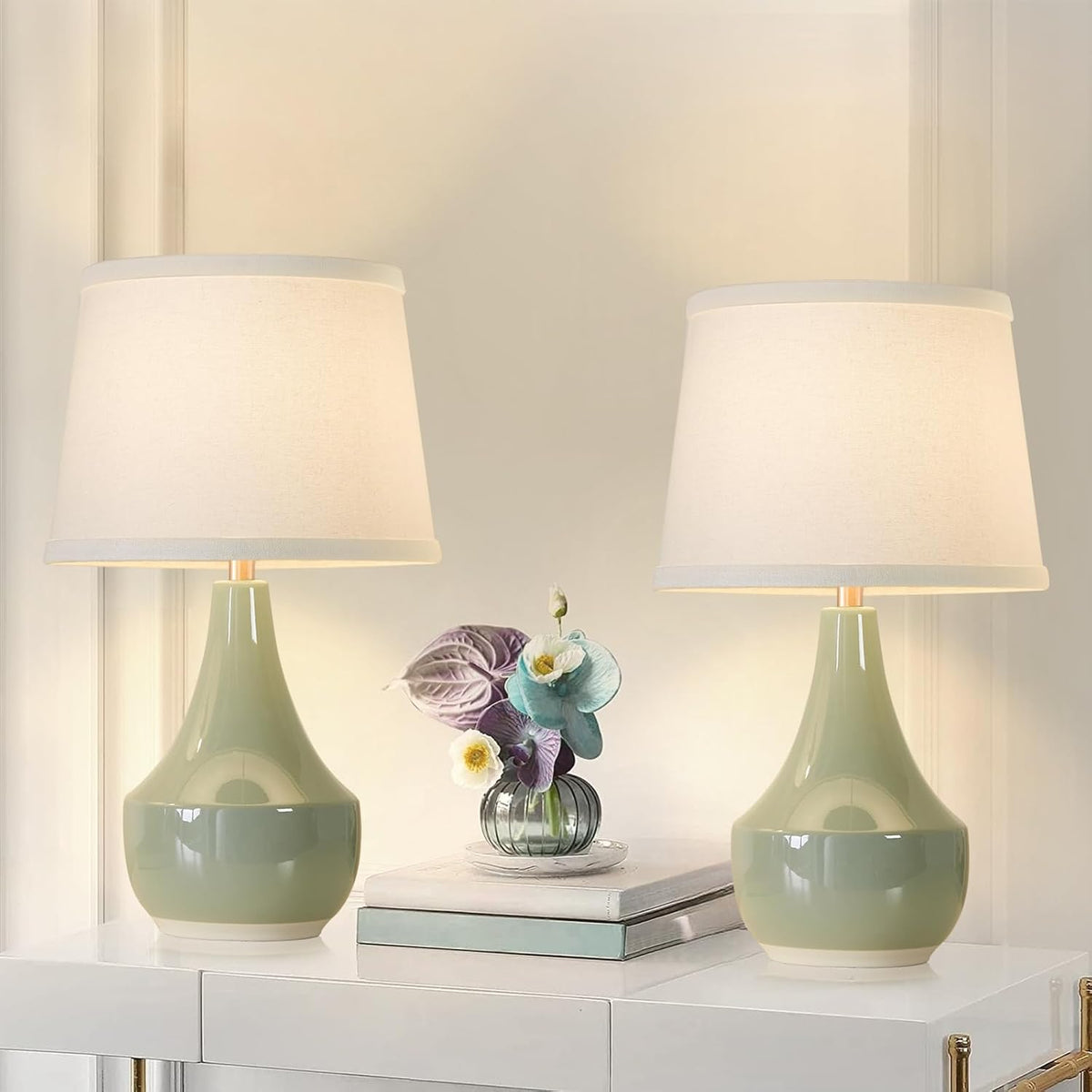 GyroVu 18" Table Lamp Set of 2, Ceramic Table Lamp Classic Beside Lamps Nightstand Lamp Modern Lamp for Living Room, Bedroom & Office Rocker Switch Sage Green-LED Bulbs Included