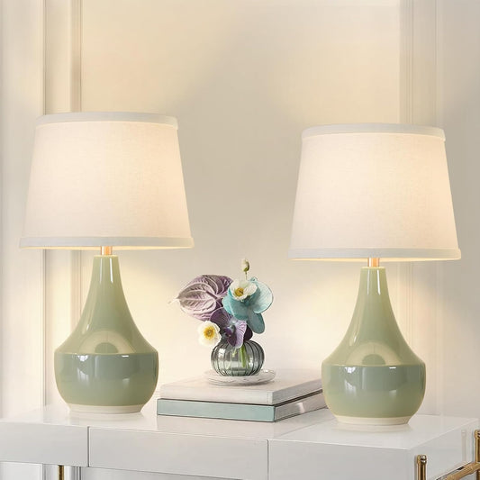 GyroVu 18" Table Lamp Set of 2, Ceramic Table Lamp Classic Beside Lamps Nightstand Lamp Modern Lamp for Living Room, Bedroom & Office Rocker Switch Sage Green-LED Bulbs Included