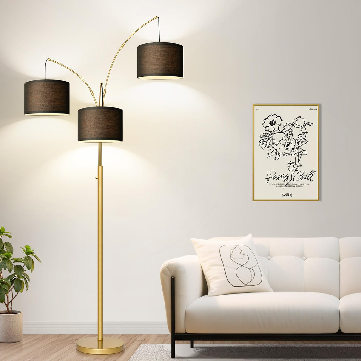 Dimmable 3 Lights Floor Lamp - 3000LM Super Bright Arc Floor Lamps for Living Room, Modern Tall Standing Lamp With Beige Shades, Mid Century Tree Floor Lamp for Bedroom Office, 3 LED Bulbs Included