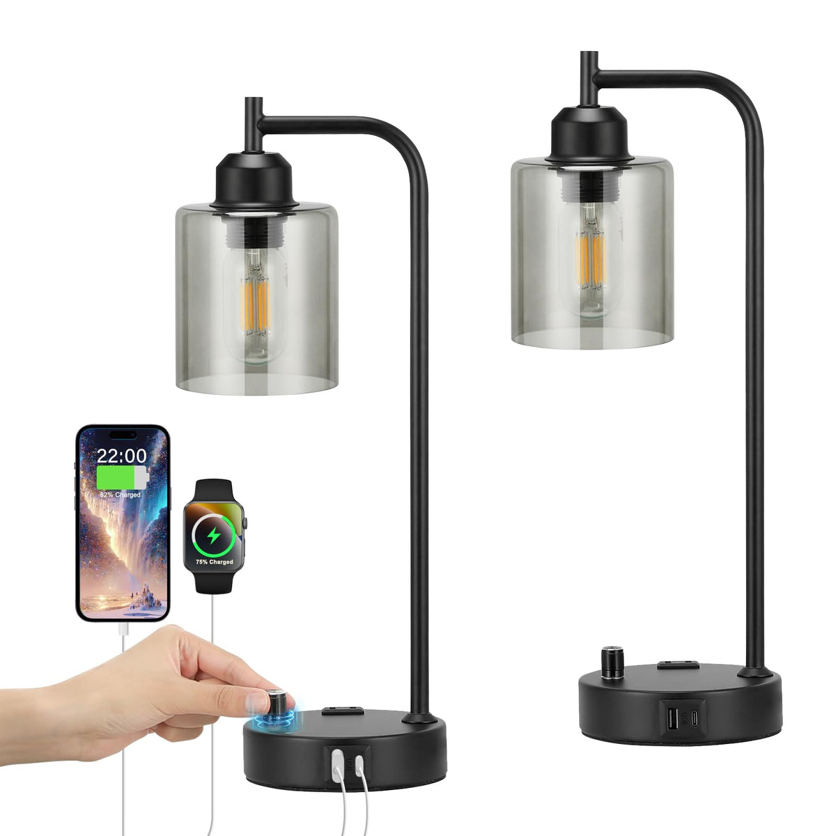 Industrial Bedside Lamps Set of 2, Fully Dimmable Desk Lamps for Bedroom