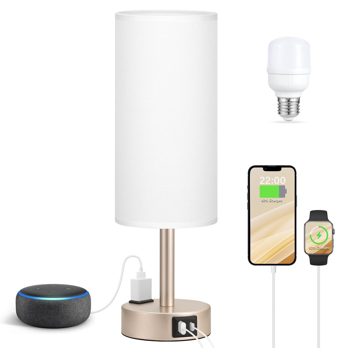 Fenmzee Bedside Table Lamp for Bedroom - Dimmable Touch, USB A+C, AC Outlet