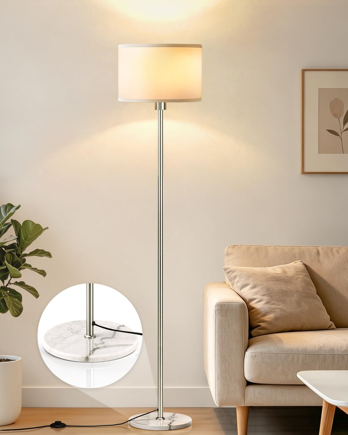63" Gold Floor Lamp for Living Room, Standing Lamp with Marble Base