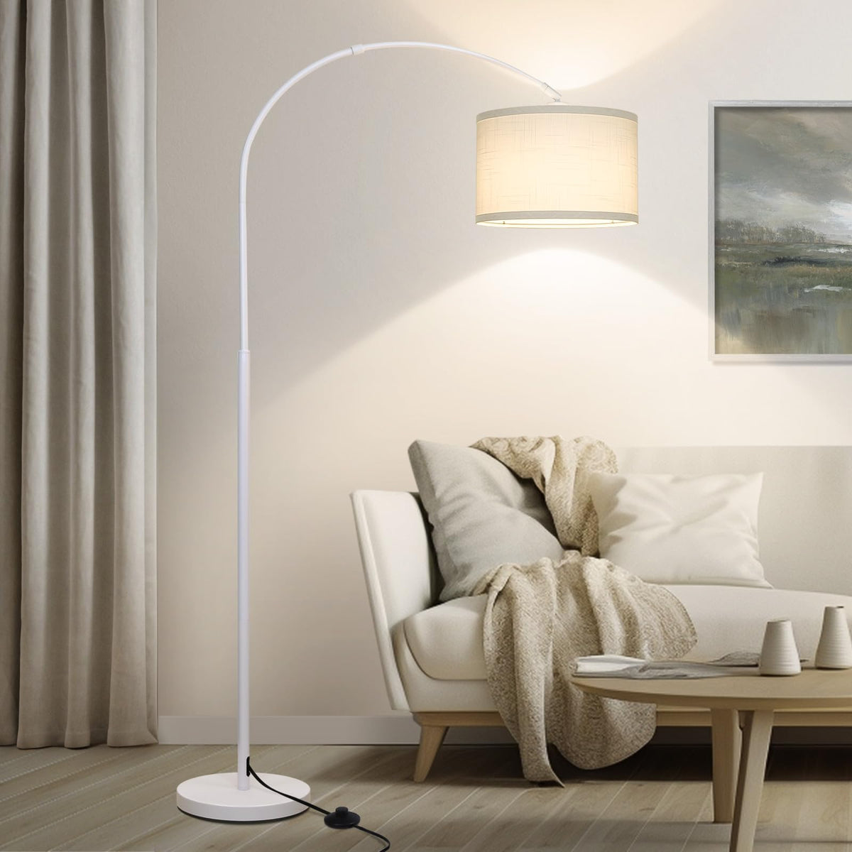 Seaside village Arc Floor Lamps for Living Room, Modern Standing Lamp with Adjustable Hanging Drum Shade, Tall Pole Lamp with Foot Switch, Over Couch Arched Reading Light for Bedroom, Office (Black)