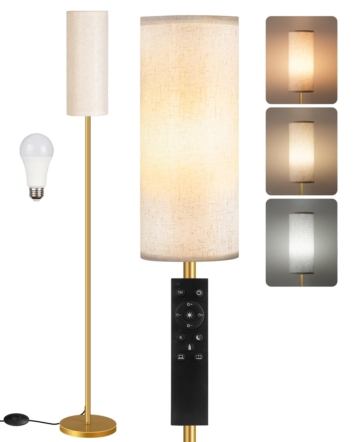 64.4” Slim Floor Lamp for Living Room with Magnetic Remote and Foot Switch, Dimmable Standing Tall Lamp Mood for Bedroom Nursery, 3 Color Temperatures, 1-Hour Timer,900LM Bulb Included,Beige E06LD05W1