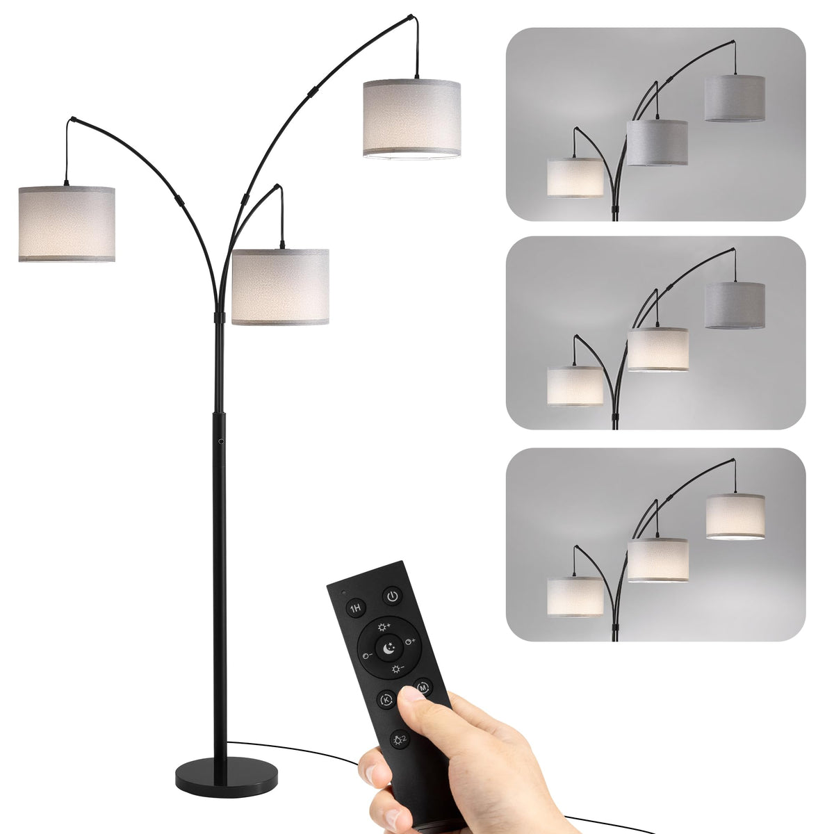 3 Light Arc Floor Lamp with Remote, Beige Shade Black Pole