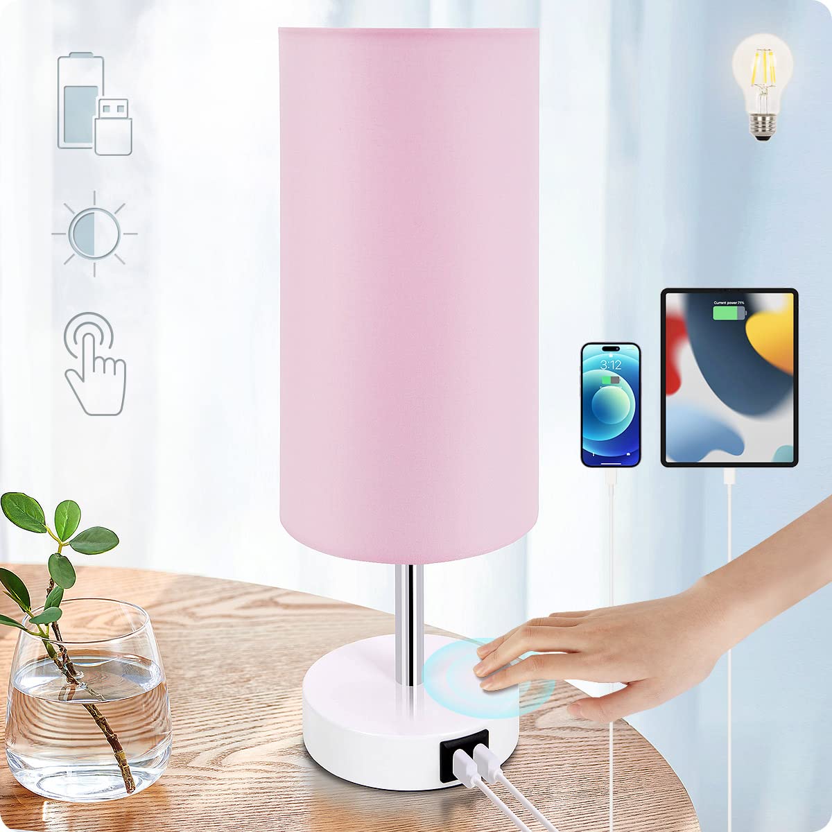 Yarra-Decor Bedside Table Lamp with USB Ports, Touch Dimmable Nightstand