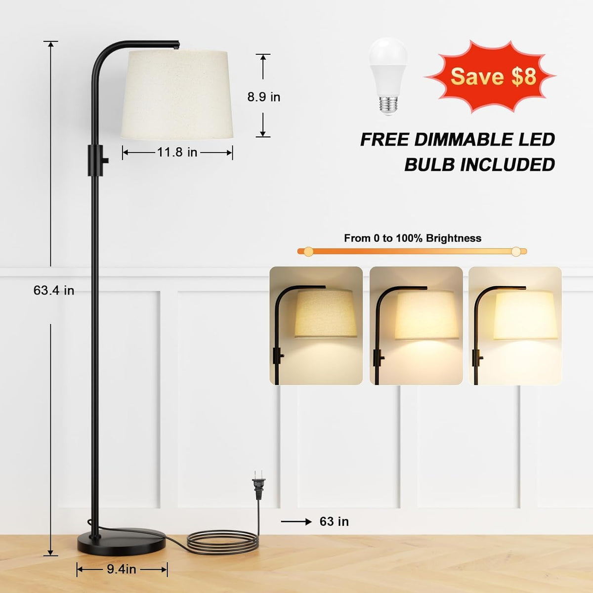 Ambimall Arc Floor Lamp for Living Room with Rotary Switch, Linen Shade