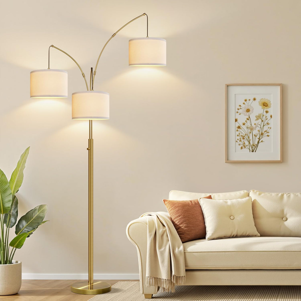 Dimmable 3 Lights Floor Lamp - 3000LM Super Bright Arc Floor Lamps for Living Room, Modern Tall Standing Lamp With Beige Shades, Mid Century Tree Floor Lamp for Bedroom Office, 3 LED Bulbs Included