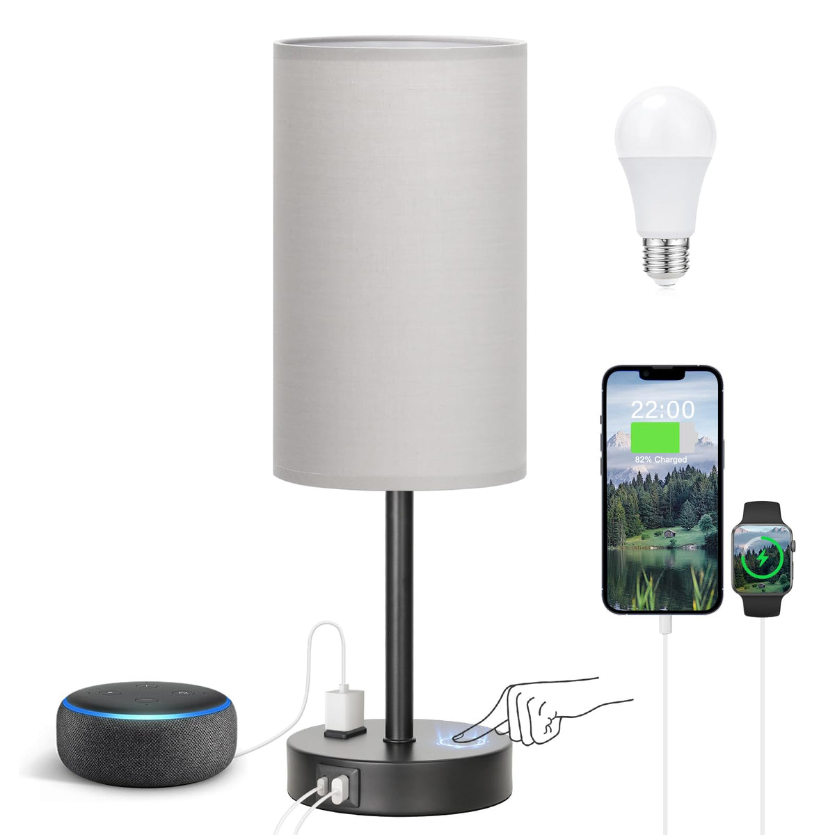 Fenmzee Bedside Table Lamp for Bedroom - Dimmable Touch, USB A+C, AC Outlet