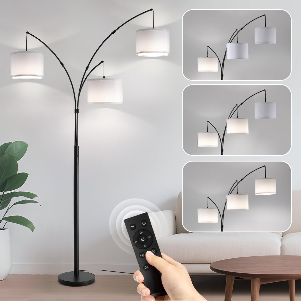 3 Light Arc Floor Lamp with Remote, Beige Shade Black Pole