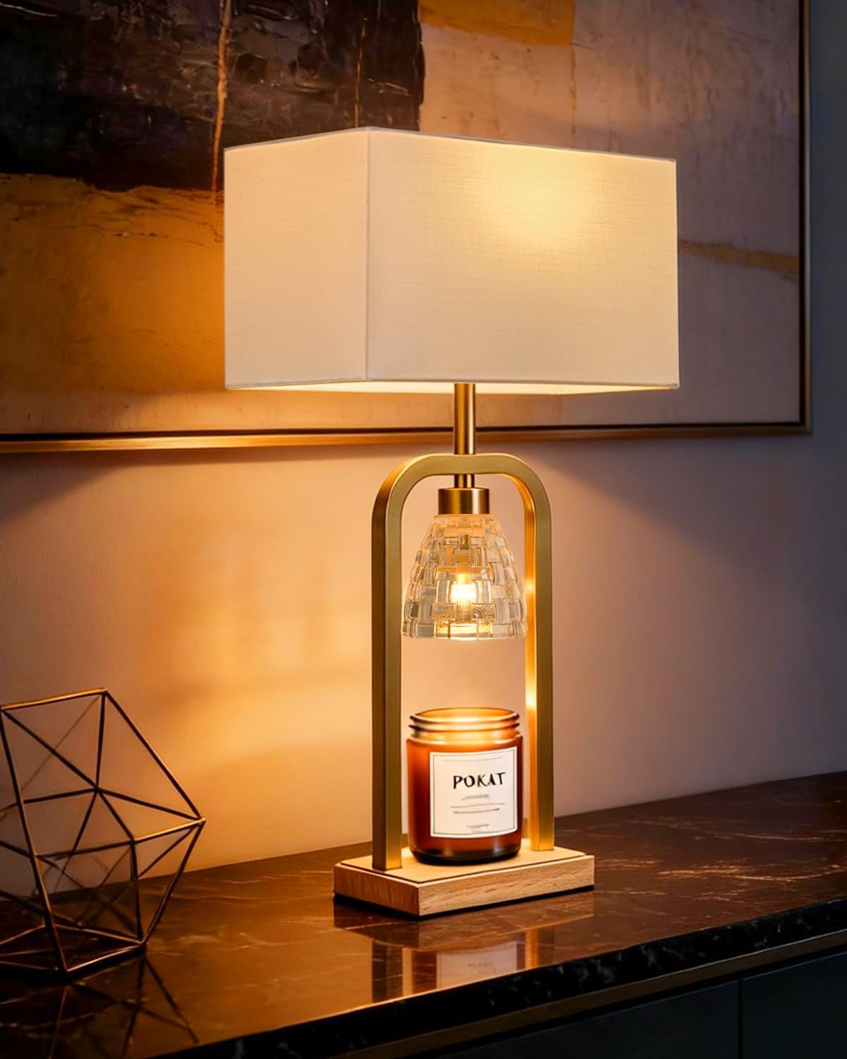 PoKat 2 in 1 Gold Table Lamp with Candle Warmer, Timer & Dimmer, Modern