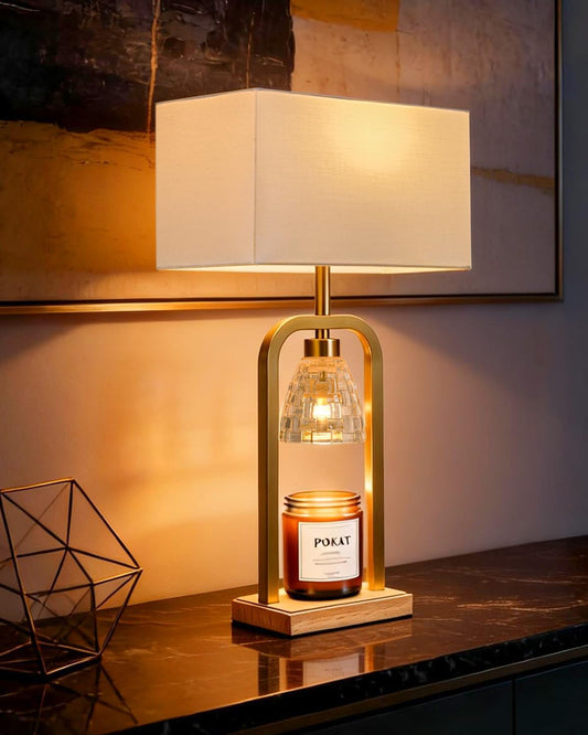 PoKat 2 in 1 Gold Table Lamp with Candle Warmer, Timer & Dimmer, Modern