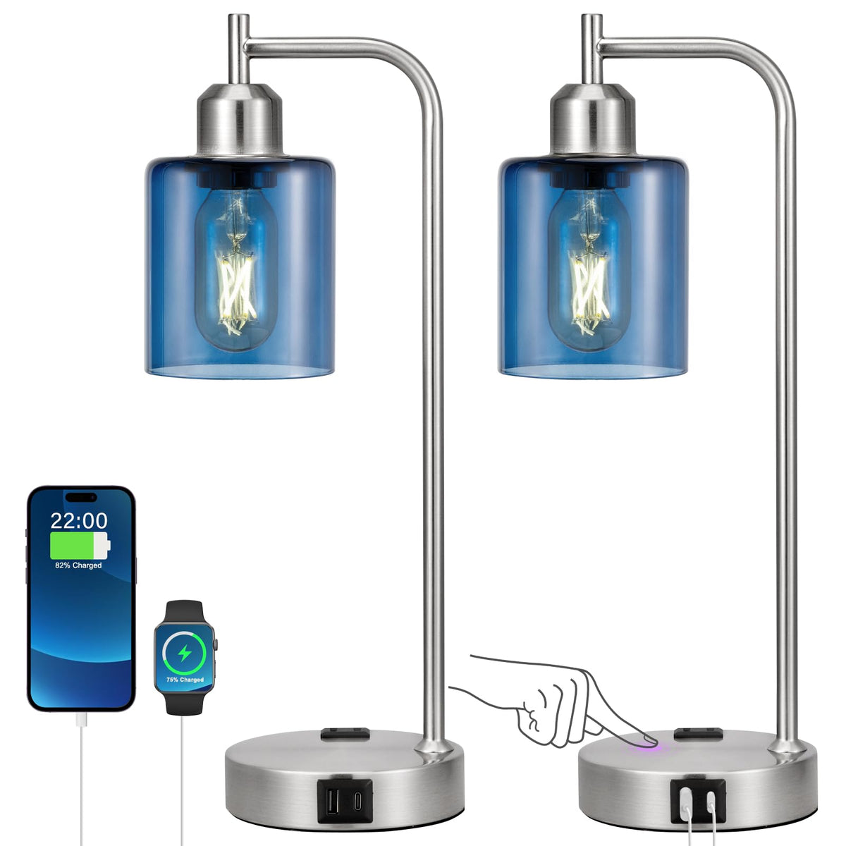 Industrial Touch Lamps for Nightstand Set of 2, 3-Way Dimmable Bedside Lamp