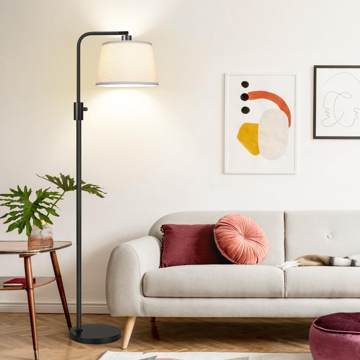 Nintiue 【Upgraded】 Dimmable Floor Lamp, 1000 Lumens LED Bulb Included, Arc Floor Lamps for Living Room Modern Standing Lamp with Linen Shade, Tall Lamp for Bedroom Office Reading Dining Room- Black
