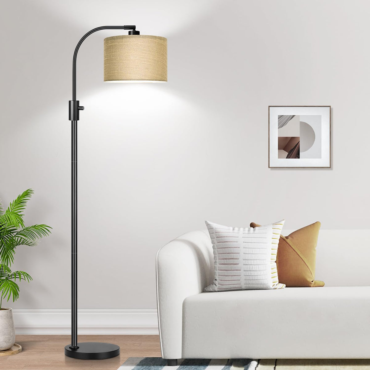 Nintiue Upgraded Modern Arc Dimmable Tall Standing Floor Lamp with Linen Shade, 1200 Lumens LED Bulb Included, for Living & Reading Room, Bedroom, Office & Nursery, Brushed Nickel