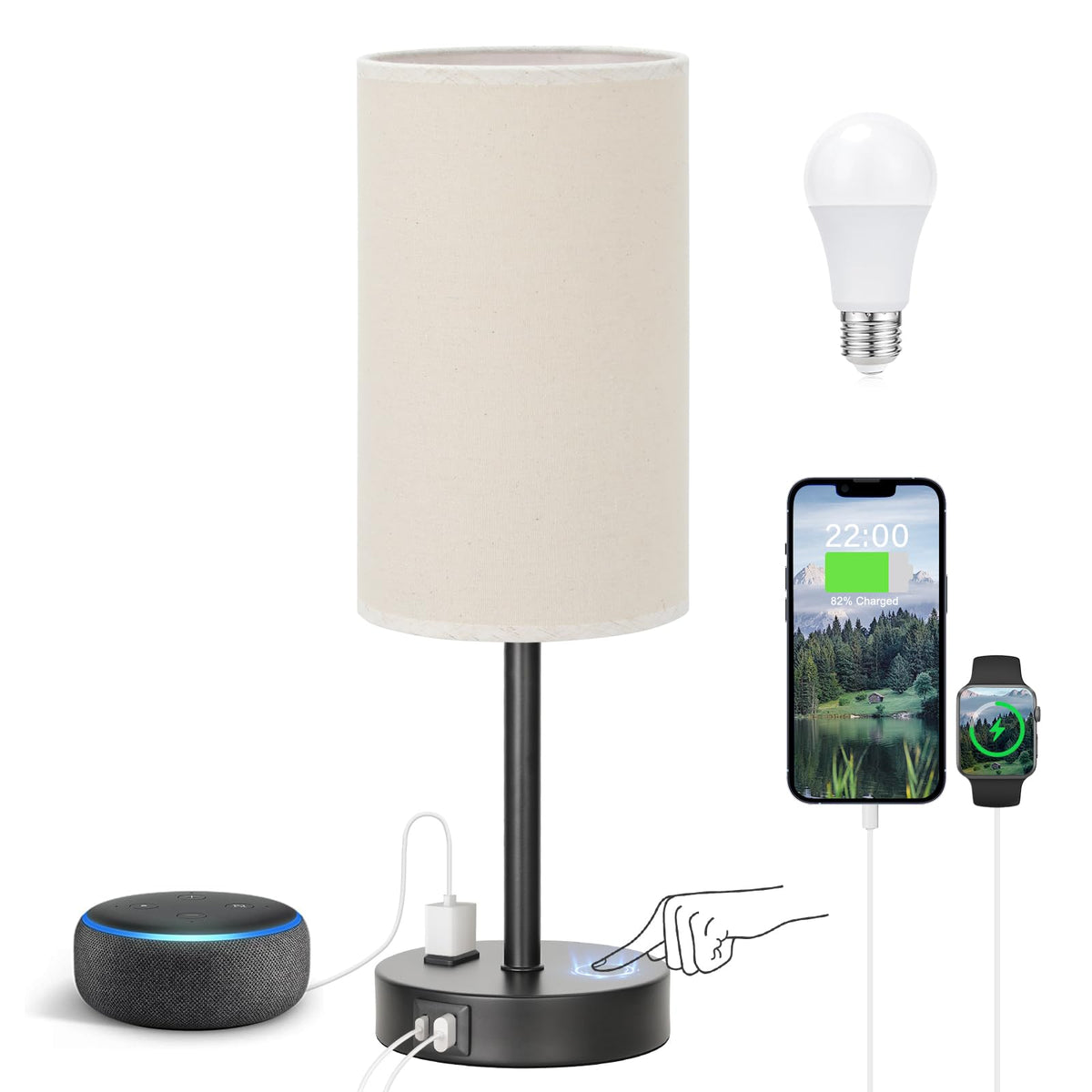 Fenmzee Bedside Table Lamp for Bedroom - Dimmable Touch, USB A+C, AC Outlet