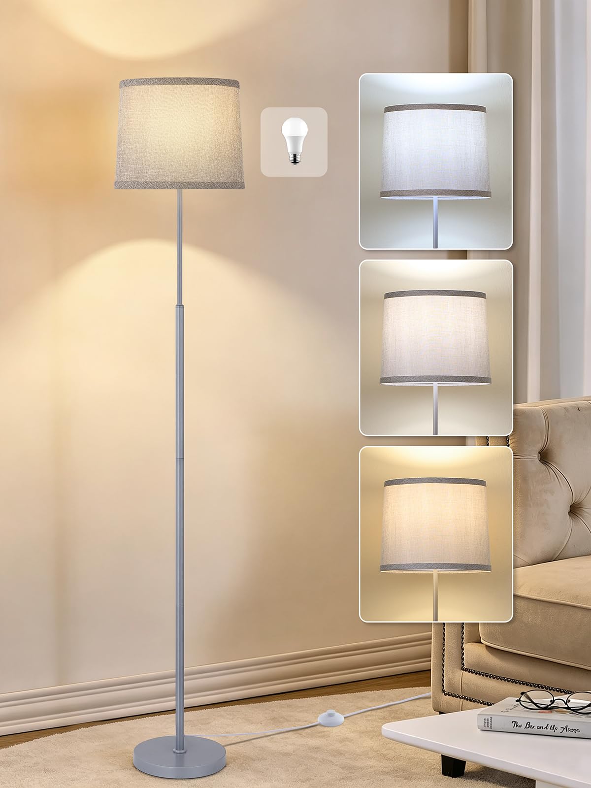 60" Modern Floor Lamp with Linen Shade, 3 Color LED Bulb & Foot Switch