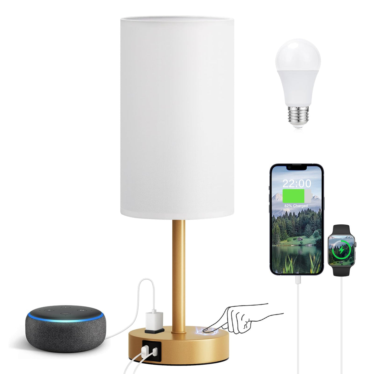 Fenmzee Bedside Table Lamp for Bedroom - Dimmable Touch, USB A+C, AC Outlet