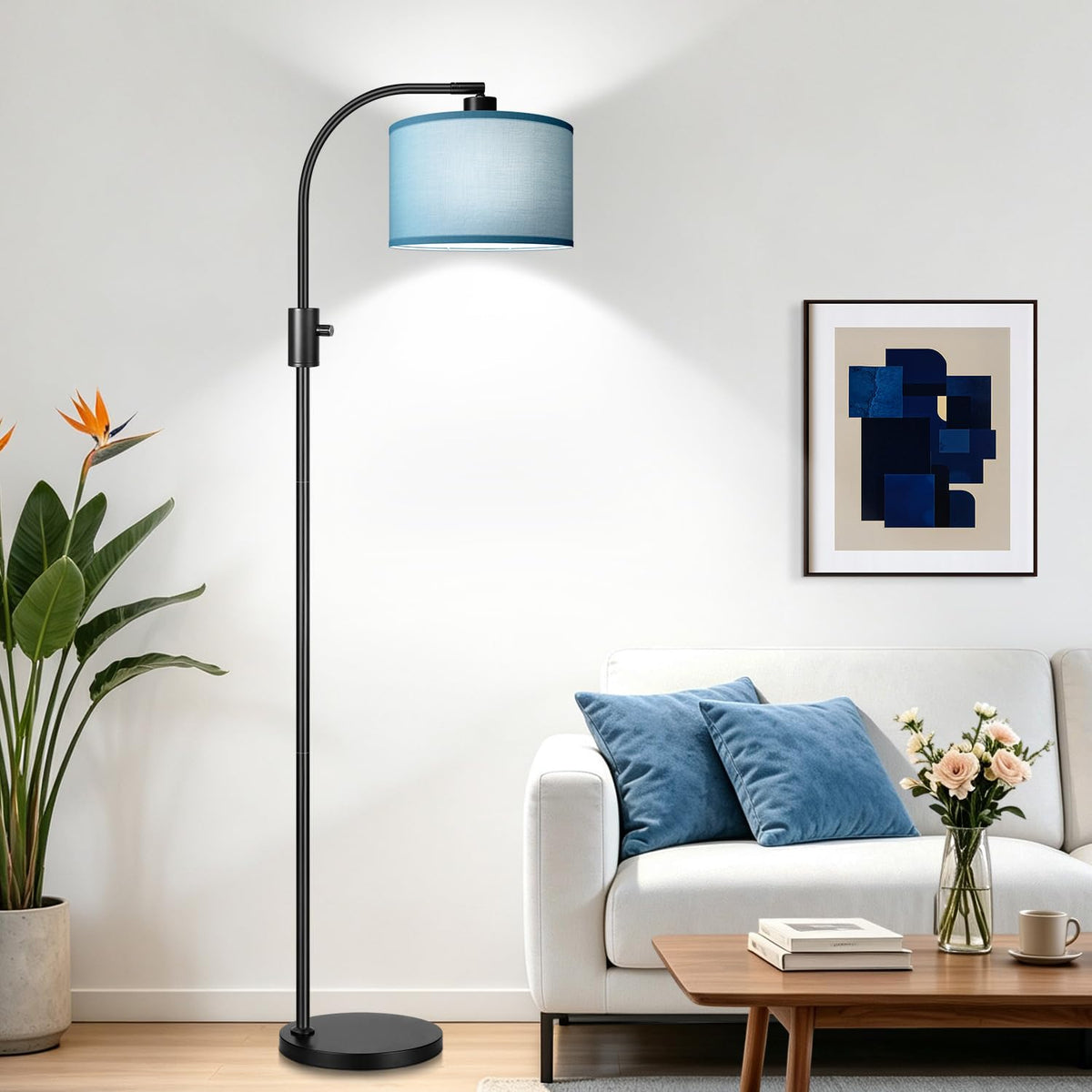 Nintiue Upgraded Modern Arc Dimmable Tall Standing Floor Lamp with Linen Shade, 1200 Lumens LED Bulb Included, for Living & Reading Room, Bedroom, Office & Nursery, Brushed Nickel