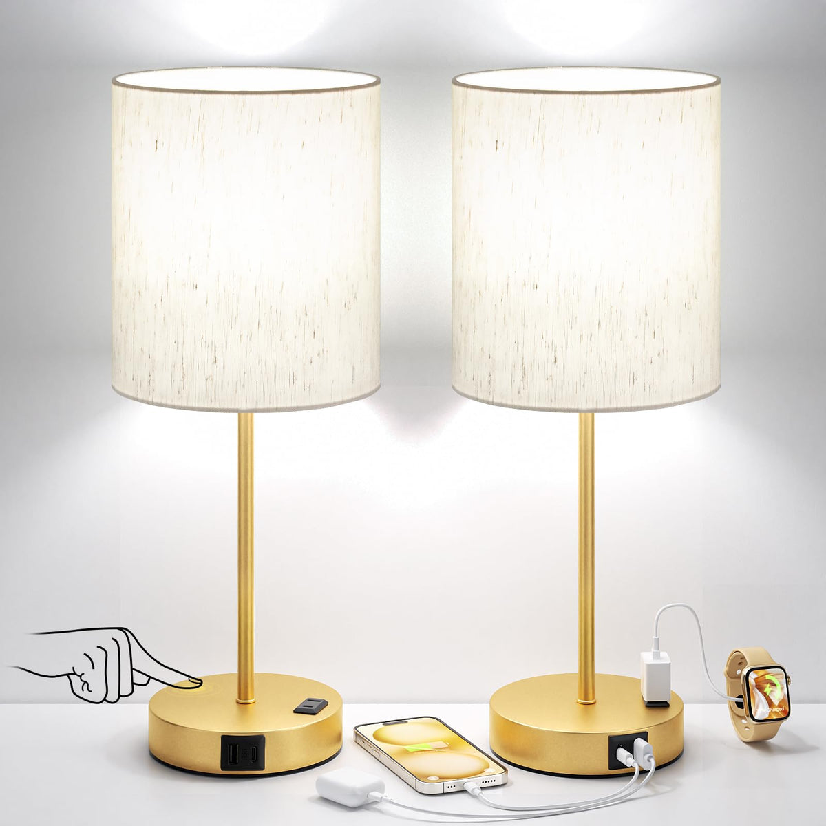 Fenmzee Touch Lamps for Bedroom Set of 2 - Dimmable, USB C+A, AC Outlet