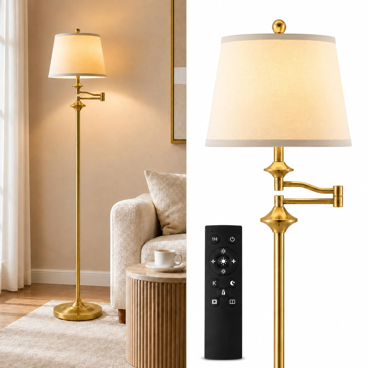 Wio-Mio Vintage Gold Floor Lamp, 350° Adjustable Swing Arm for Living Room