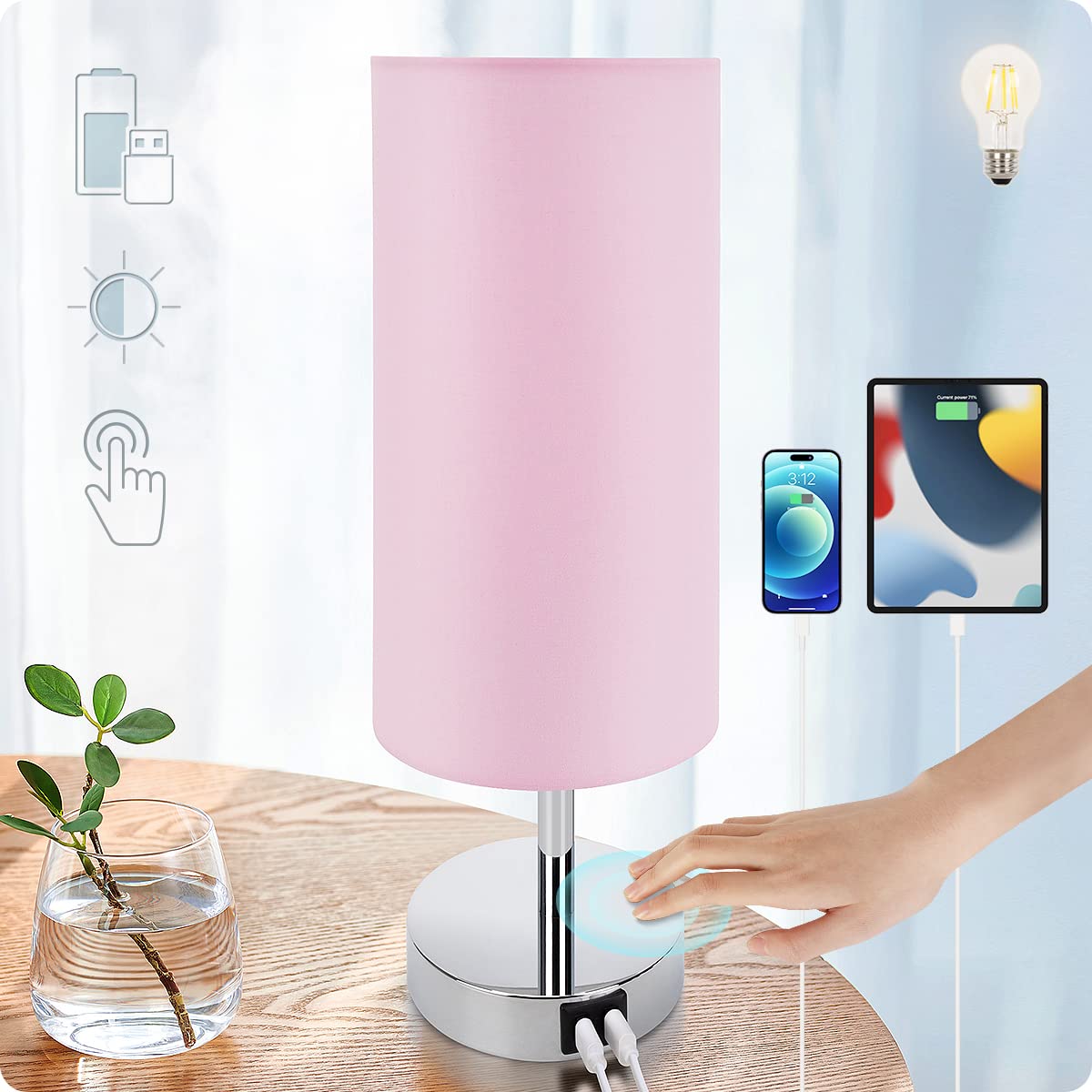 Yarra-Decor Bedside Table Lamp with USB Ports, Touch Dimmable Nightstand