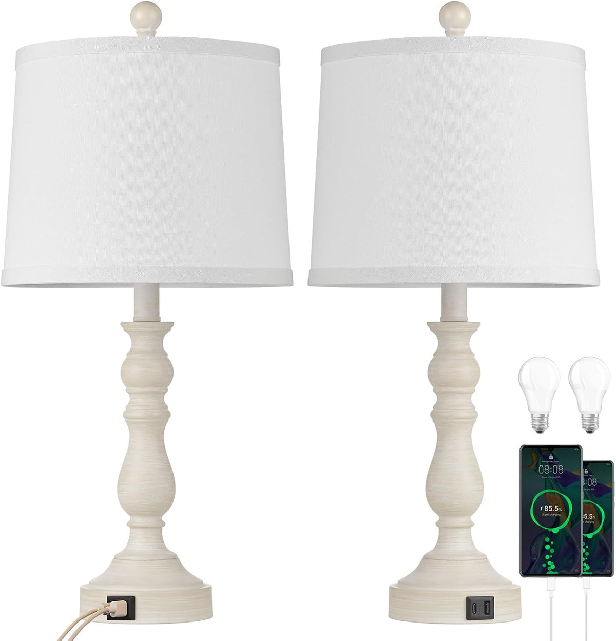 23'' Table Lamps Set of 2, Lamps for Bedroom, USB C+A Ports, Beige
