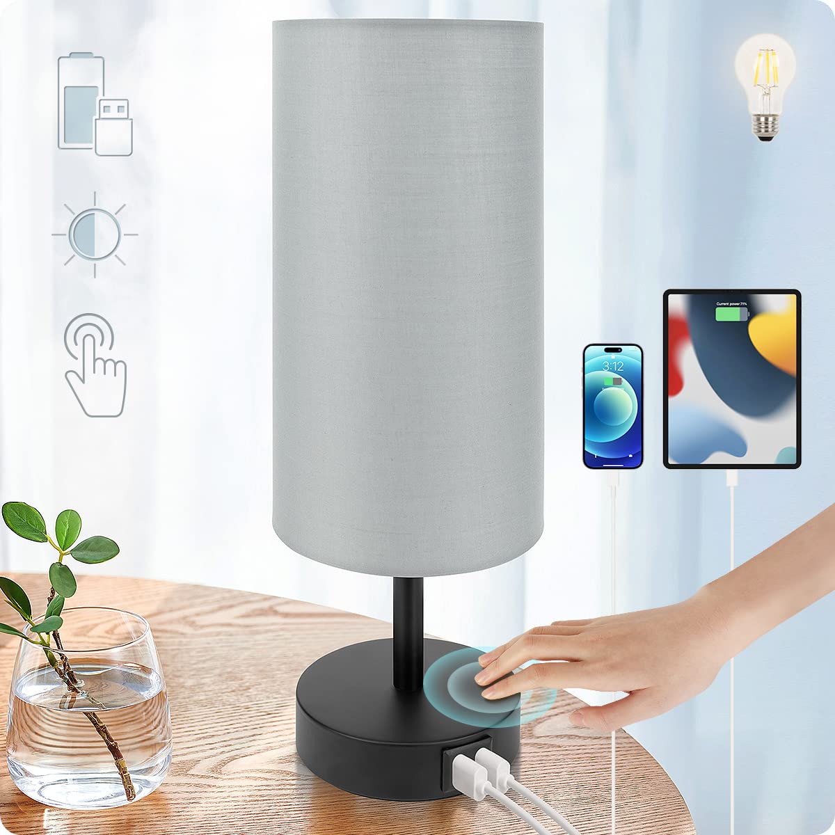Yarra-Decor Bedside Table Lamp with USB Ports, Touch Dimmable Nightstand