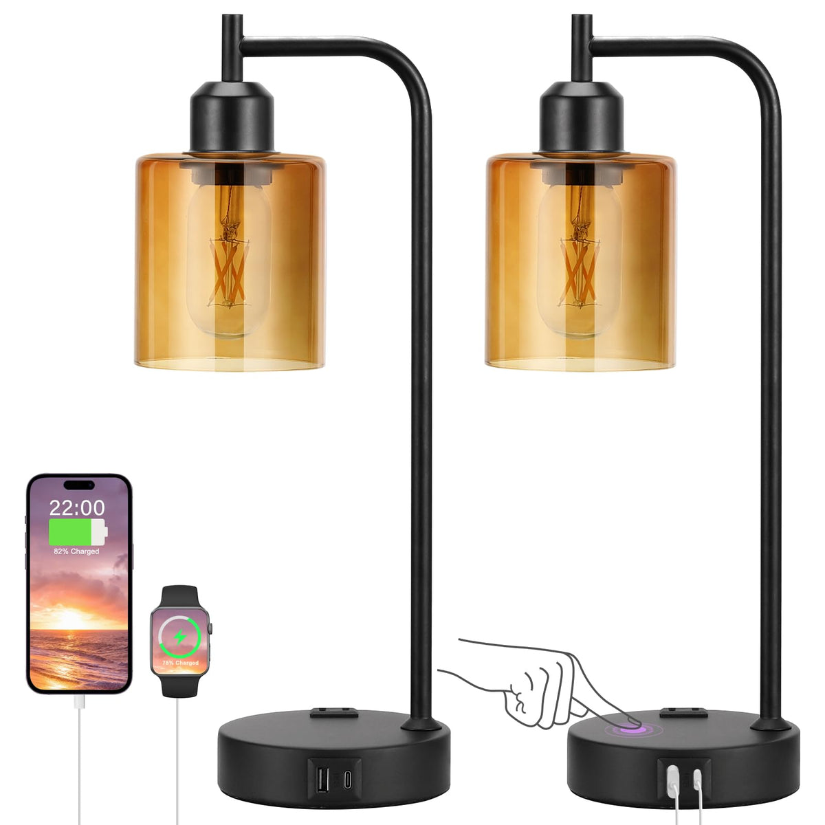 Industrial Touch Lamps for Nightstand Set of 2, 3-Way Dimmable Bedside Lamp