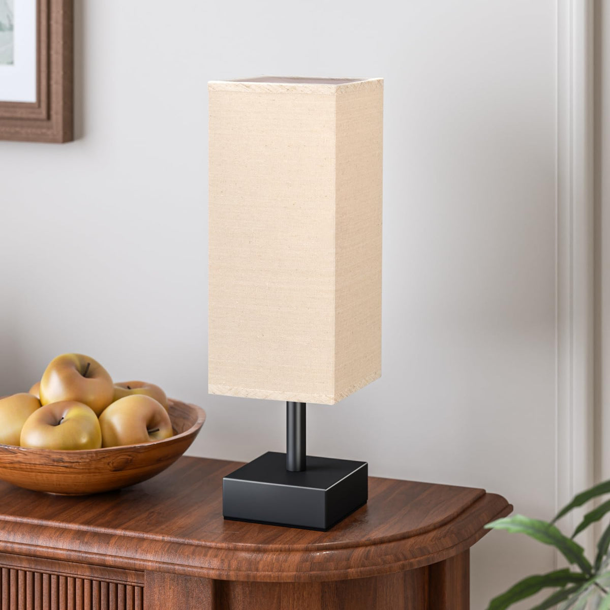 aooshine Small Bedside Table Lamp for Bedroom - Square Cream Fabric Shade