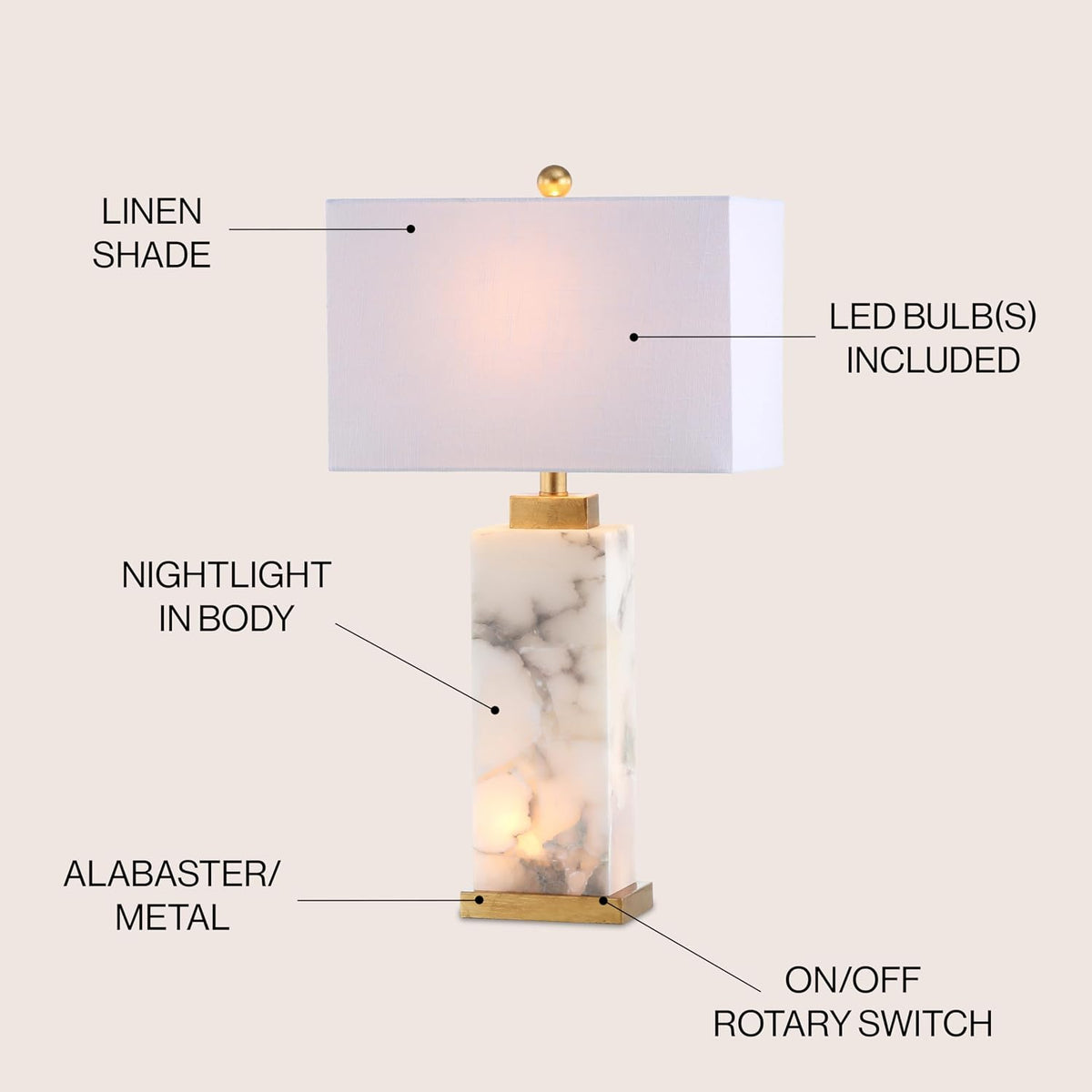 JONATHAN Y Elizabeth Alabaster Nightlight Lamp 27.5", White/Gold Painting