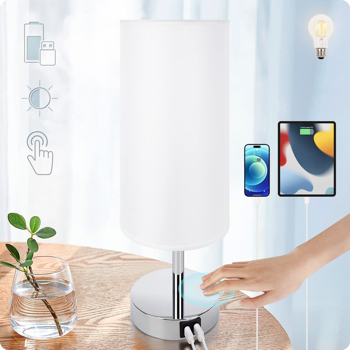Yarra-Decor Bedside Table Lamp with USB Ports, Touch Dimmable Nightstand