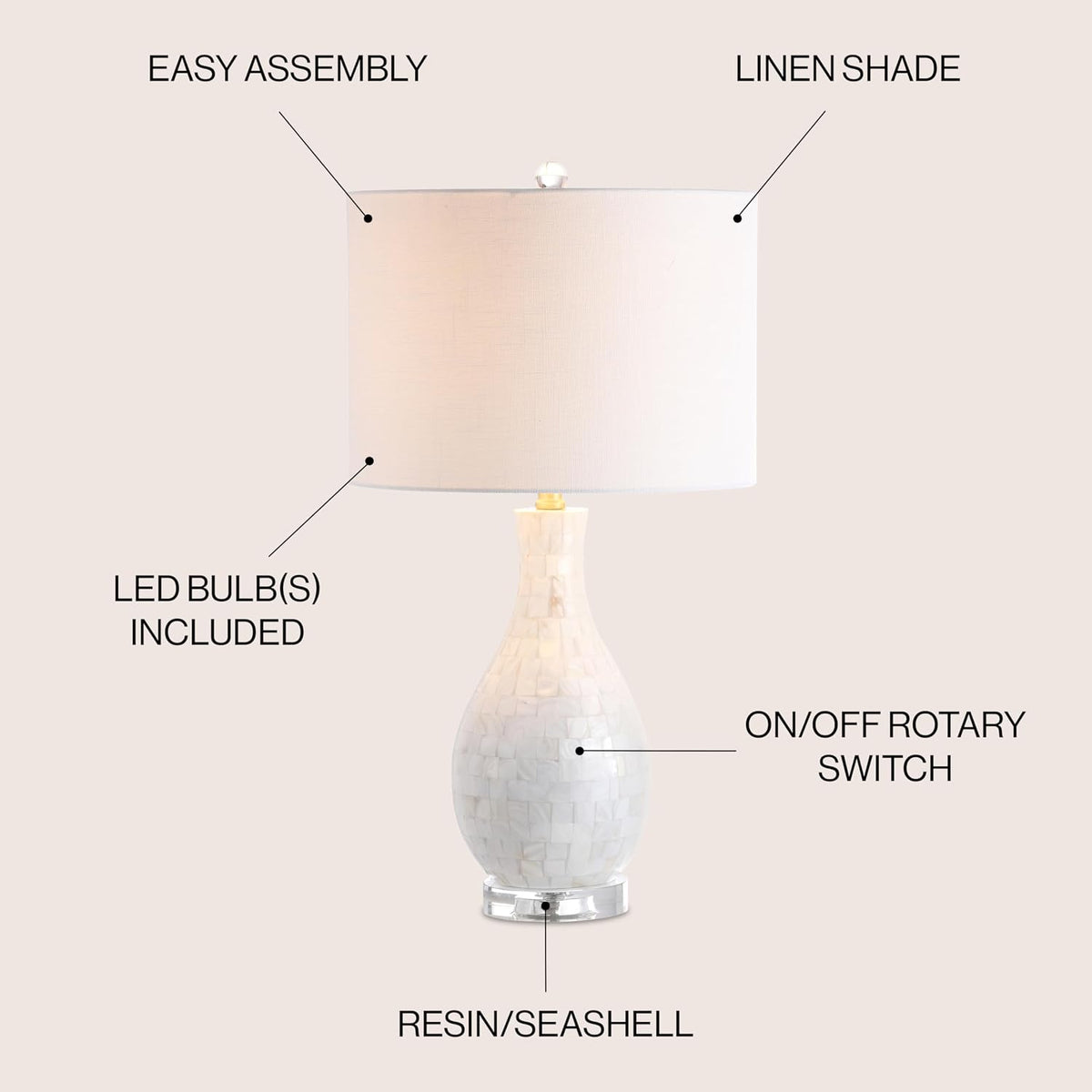JONATHAN Y Josephine 26.5" Mother of Pearl Seashell Table Lamp, White