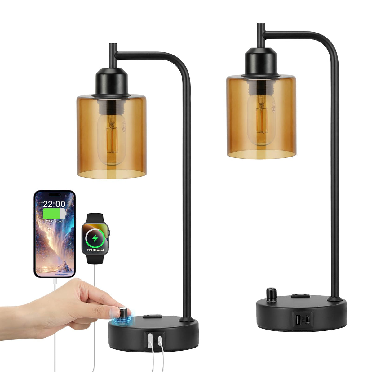 Industrial Bedside Lamps Set of 2, Fully Dimmable Desk Lamps for Bedroom
