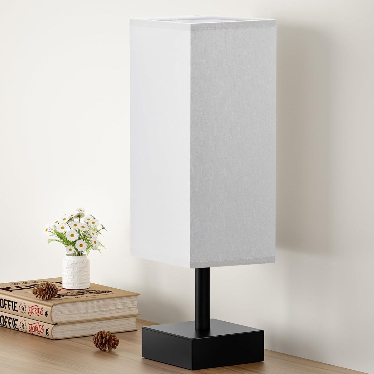 aooshine Small Bedside Table Lamp for Bedroom - Square Cream Fabric Shade