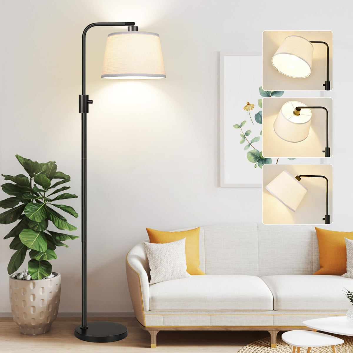 Nintiue 【Upgraded】 Dimmable Floor Lamp, 1000 Lumens LED Bulb Included, Arc Floor Lamps for Living Room Modern Standing Lamp with Linen Shade, Tall Lamp for Bedroom Office Reading Dining Room- Black