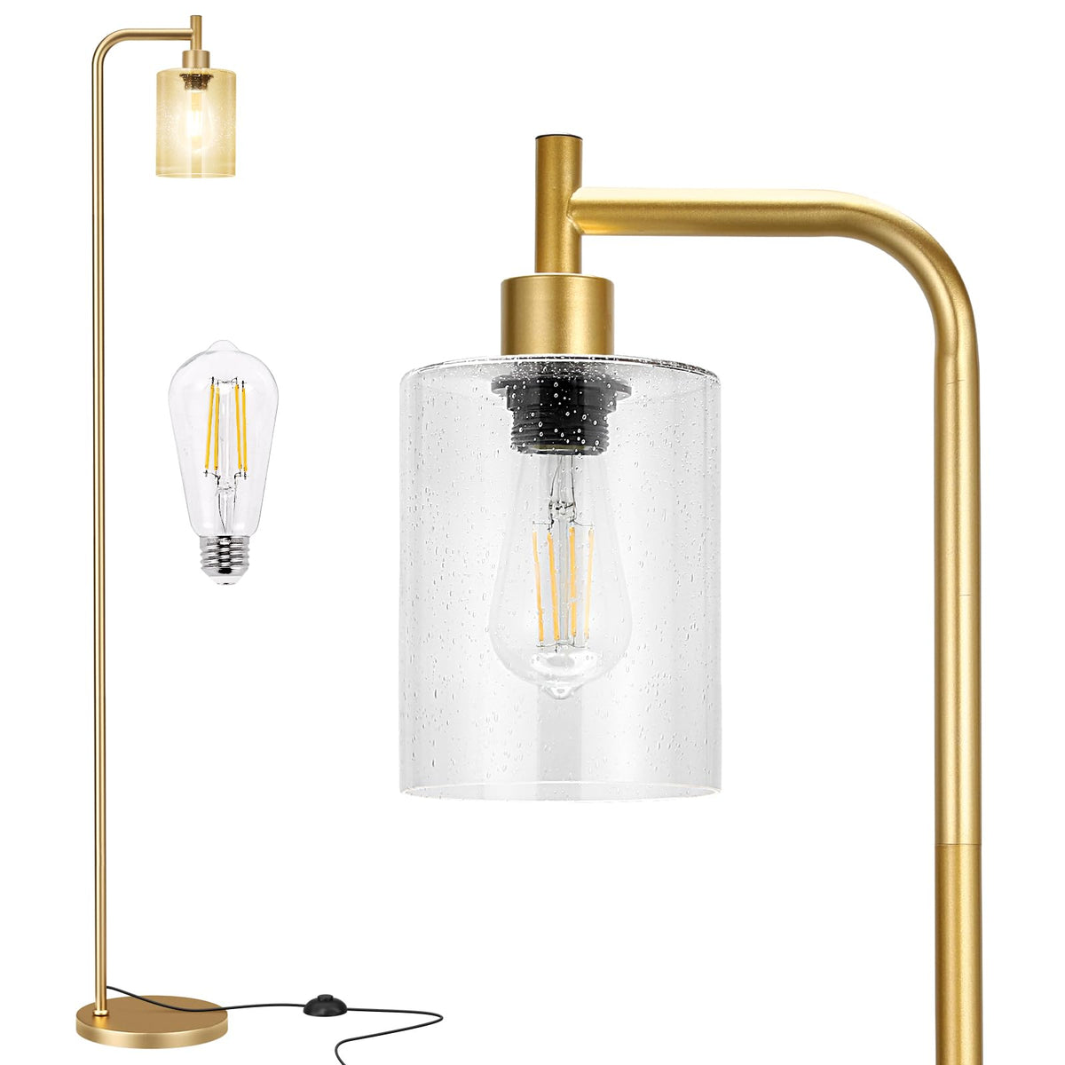 Ziisee Industrial Floor Lamp with Glass Shade - Black, LED Bulbs, Foot Pedal Switch, Easy Assembly