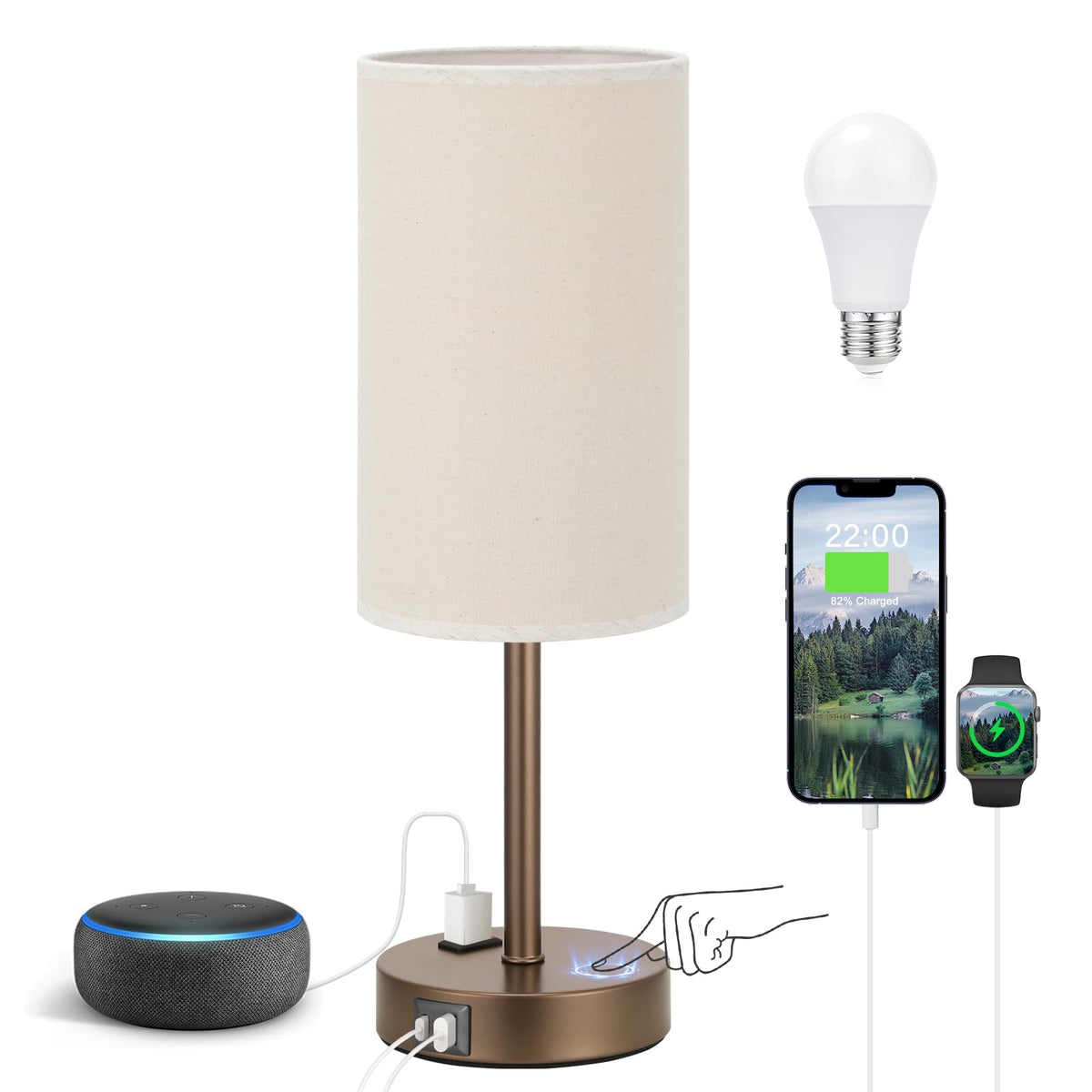 Fenmzee Bedside Table Lamp for Bedroom - Dimmable Touch, USB A+C, AC Outlet