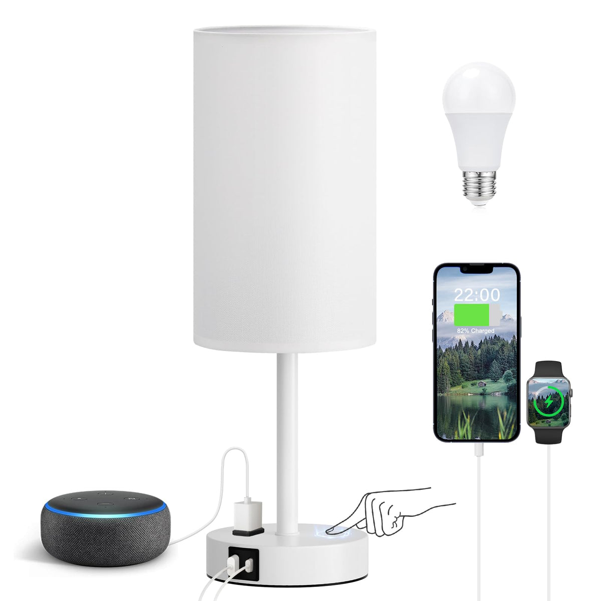 Fenmzee Bedside Table Lamp for Bedroom - Dimmable Touch, USB A+C, AC Outlet