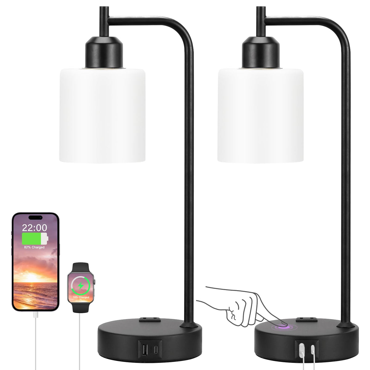 Industrial Touch Lamps for Nightstand Set of 2, 3-Way Dimmable Bedside Lamp