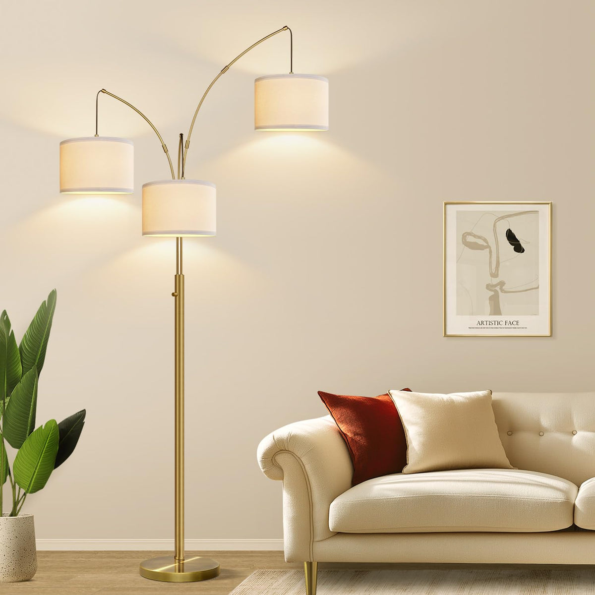 Dimmable Floor Lamp, 3 Lights Black Arc Floor Lamp, Modern Tall Standing Tree Lamp with Grey Linen Shades & Heavy Base, 3000LM LED Bulbs, Bright Lighting for Living Room, Bedroom, Office & Reading