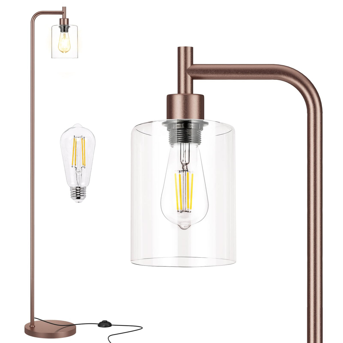 Ziisee Industrial Floor Lamp with Glass Shade - Black, LED Bulbs, Foot Pedal Switch, Easy Assembly