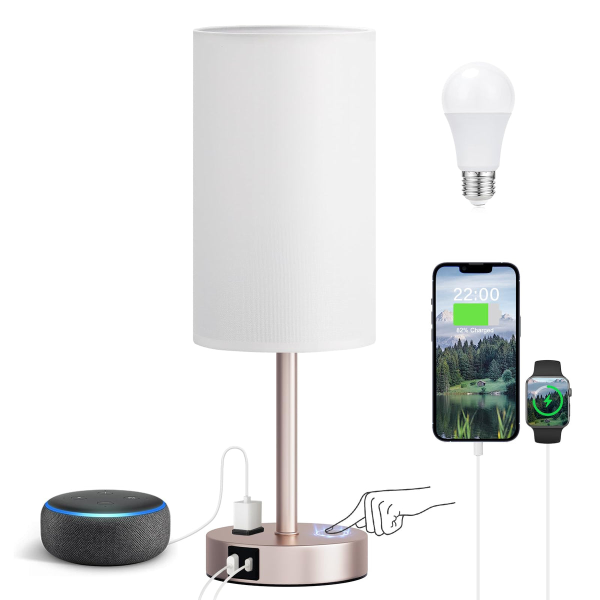 Fenmzee Bedside Table Lamp for Bedroom - Dimmable Touch, USB A+C, AC Outlet