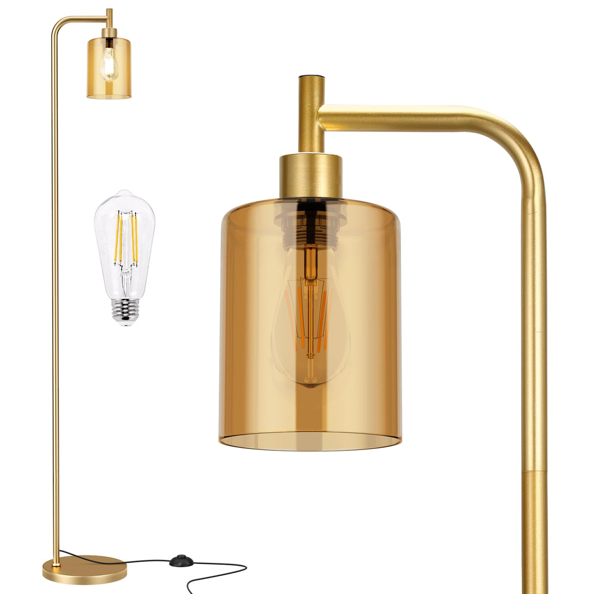 Ziisee Industrial Floor Lamp with Glass Shade - Black, LED Bulbs, Foot Pedal Switch, Easy Assembly