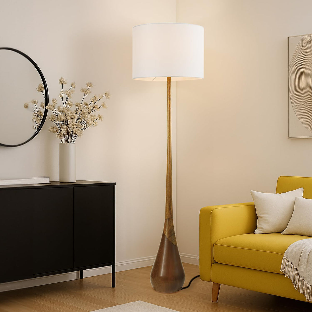 Novogratz x Globe Harrington 65 in Floor Lamp, 2-Tone Wood-Tone Base